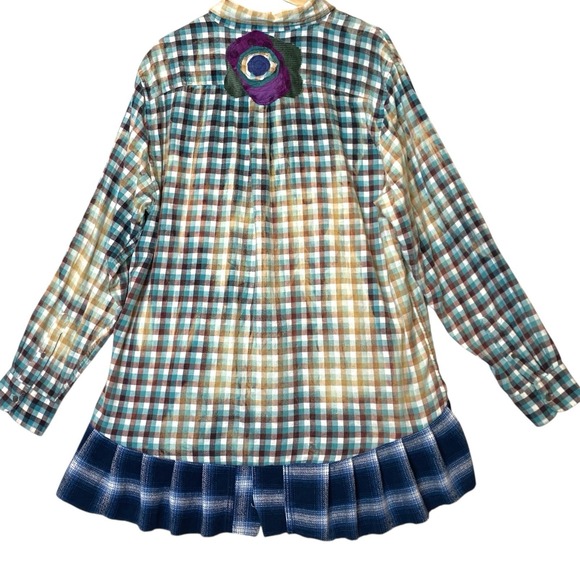 Franklin Flannel Upcycled Tunic Blouse Womens XL Plaid Patchwork Applique Boho - Picture 2 of 7